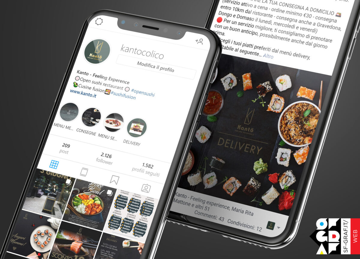 Gestione social Facebook e Instagram del ristorante Kanto in versione mobile